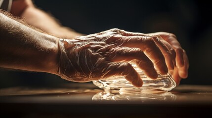 Fototapeta premium Sculptor adds finishing touches to glass sculpture translucent beauty under warm light