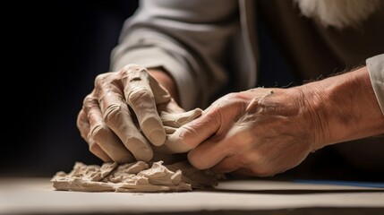 Hands mold clay into figurine intricate sculpture details under studio lighting - obrazy, fototapety, plakaty