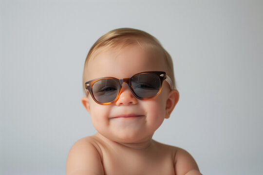 A happy baby boy with sunglasses on a white background. cute smiling or laughing baby. 