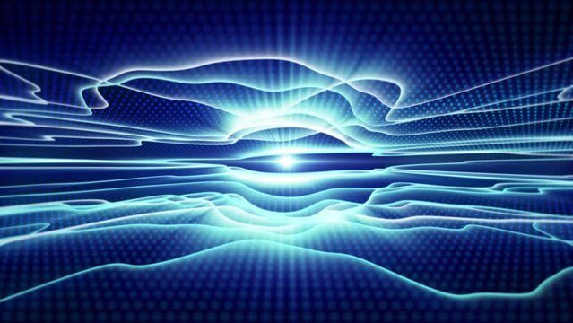 Loop animation of abstract blue curvy lines with bright glow effect on dark background. Looped wallpaper for vj. Equalizer, signal chart and sound waves screensaver. Motion graphics, 4k video, 60 fps