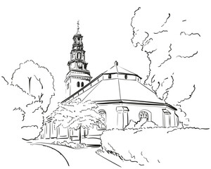 Church architectural vector sketch, Old religious building surrounded by trees, Köping church baroque style tower hand drawn illustration