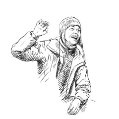 Portrait of happy woman in winter clothes talking to someone, laughing and waving with raised hand, vector sketch, monochrome hand drawn illustration of people with positive emotions