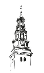 Church tower with clock architectural vector sketch, Old religious building detail, Köping church baroque style spire hand drawn illustration, Sweden