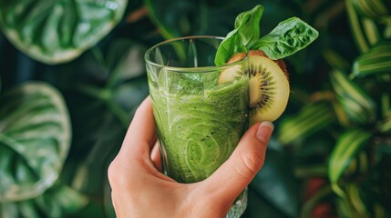 hand holding up a glass of green leafy tropical smoothie   - obrazy, fototapety, plakaty