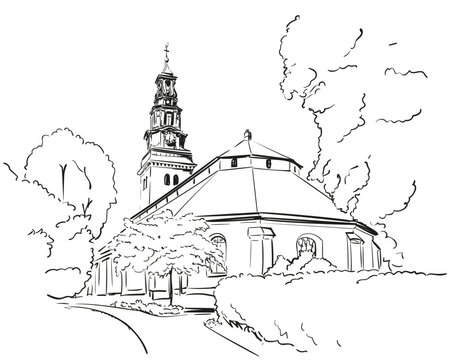 recommend clip art: Church architectural vector sketch, Old religious building surrounded by trees, Köping church baroque style tower hand drawn illustration