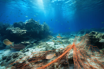 Discarded fishing net Ghost net on the sea floor