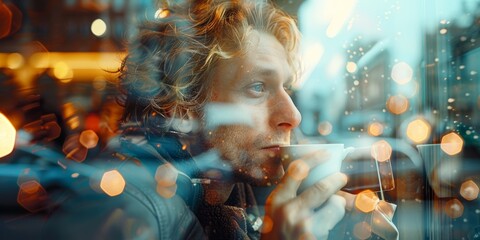 A blonde Caucasian man, his golden locks shining, savors a peaceful coffee moment within a double exposure image, seamlessly blending with bokeh lights