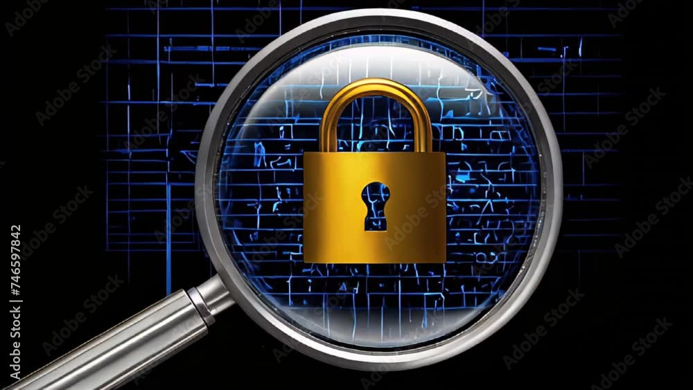 Poster cyber security concept : binary code lock icon: symbol of security and protection in gold and black 