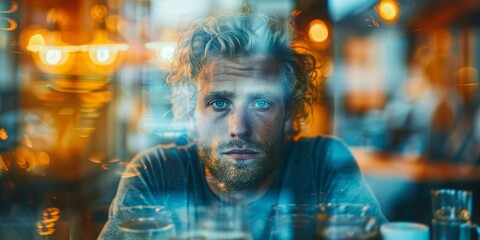 A blonde Caucasian man, his golden locks shining, savors a peaceful coffee moment within a double exposure image, seamlessly blending with bokeh lights