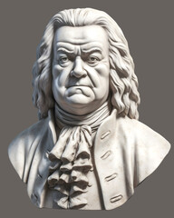 Marble bust of famous composer Johann Sebastian Bach on the gray background. Sculpture of a famous musician.	