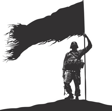Silhouette Soldiers or Army pose in front of the black flag black color only