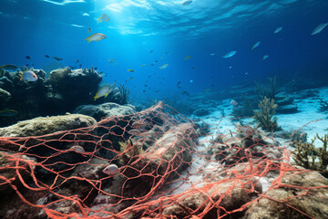 Fototapeta na wymiar Discarded fishing net Ghost net on the sea floor