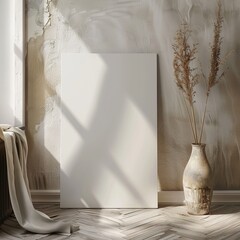 clean blank canvas leaning against a soft textured wall - art / poster mockup