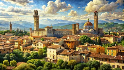 Italian Summer Cityscape Panorama: Oil Painting of Old City Center in Tuscany Landscape - obrazy, fototapety, plakaty