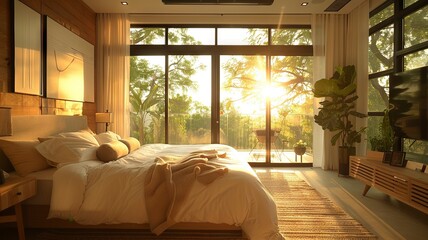 Eco-Friendly Modern Bedroom with Serene Morning Light


