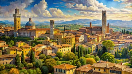 Fototapeten Italian Summer Cityscape Panorama: Oil Painting of Old City Center in Tuscany Landscape © PhotoPhreak