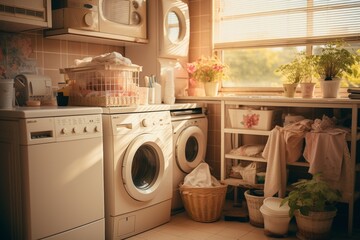 Contemporary interior design of a functional laundry room with modern decor and appliances - obrazy, fototapety, plakaty