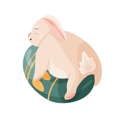 Rabbit sleeps on an egg in flat style. Cute bunny for Happy Easter day character design. Vector illustration isolated on a white background.