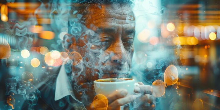 Latin man, with his rich, dark hair, finds serenity in a moment with his coffee within a double exposure image, melding seamlessly with bokeh lights to create a dreamy, reflective ambiance.