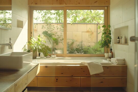 An eco-friendly bathroom outfitted with low-flow water fixtures, illuminated by natural sunlight, creating a serene and sustainable atmosphere.

