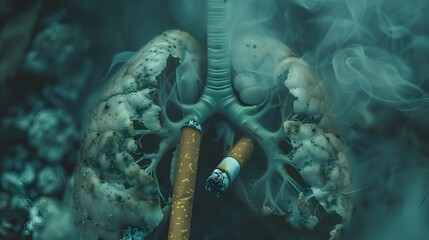 Aftermath of smoking – ruined lungs struggle for breath, trapped in the destructive embrace of cigarettes. - obrazy, fototapety, plakaty