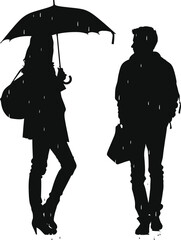 Silhouette woman and man with umbrella black color only full body - obrazy, fototapety, plakaty