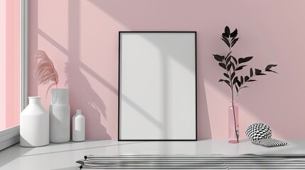 Mockup of a female room with an airy, summery feel. Light pink and black decorations paired with white elements to create a clean and refreshing atmosphere with empty clean and clear poster frame ​