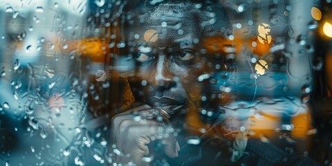 An African American man, his features distinctive and captivating, immerses himself in a tranquil coffee moment within a double exposure image