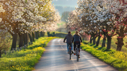 Naklejka premium A couple riding bicycles together along a scenic countryside road lined with blossoming trees