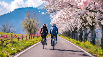 Fototapeta premium A couple riding bicycles together along a scenic countryside road lined with blossoming trees