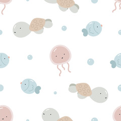 Seamless pattern with pastel cute sea characters. For for kids design, fabric, wrapping, cards, textile, wallpaper, apparel. Isolated vector cartoon illustration in flat style on white background.