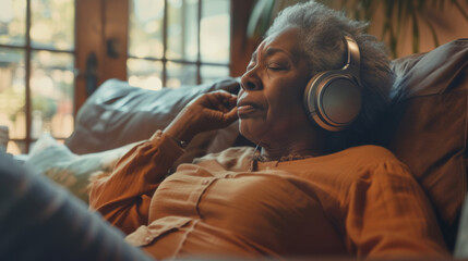 Senior woman sitting on the couch wearing headphones listening to music - Powered by Adobe