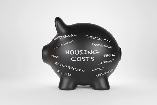 Black piggy bank written with the words HOUSING COSTS and other related expenses by white chalk. Illustration of the concept of real estate running costs