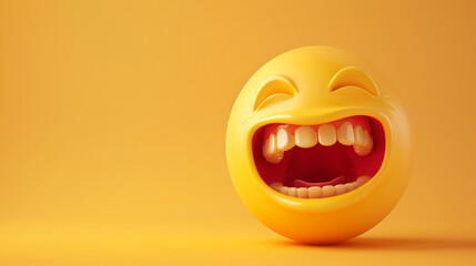 3d real emoji laughing face isolated on plain yellow studio background with text copy space - obrazy, fototapety, plakaty