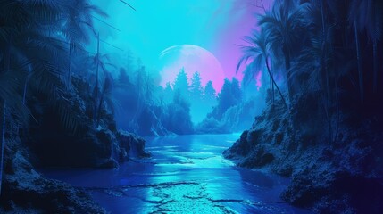 80's synthwave abstract background, wire frames, river, forest, blue colors.