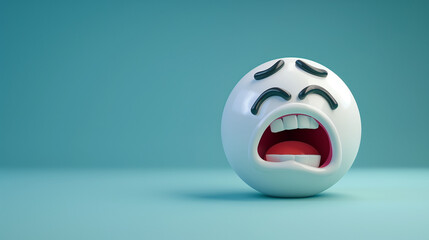 shiny 3d real white emoji pain face isolated on plain blue studio background with text copy space