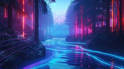 80's synthwave abstract background, wire frames, river, forest, blue colors.