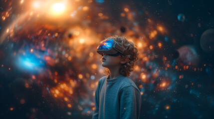 Young Astronomer Child Explores Solar System with VR Glasses - obrazy, fototapety, plakaty
