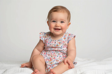 A happy baby girl sitting on a white background. cute smiling or laughing baby.	