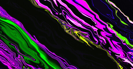 Bright fluid violet, black, neon green background. Abstract liquid purple pink wave. Glitch Art trippy digital screen. Backdrop. Royal banner. Luxury texture. Creative flyer. Card. Climate tech. NFT.