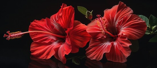 Two vibrant red hibiscus flowers with green leaves stand out against a stark black background, creating a striking contrast. The flowers are in full bloom, showcasing their intricate petals and