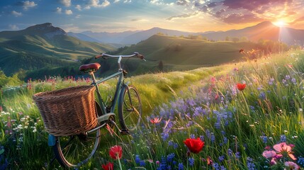 Bicycle with a wicker basket in a Beautiful spring landscape with colorful wildflowers in a green...