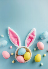 Top view of easter bunny ears and pink, blue, yellow eggs on isolated pastel blue background. Copy space. Easter concept.