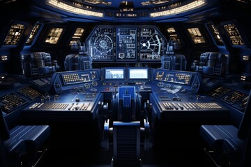 Futuristic spaceship cockpit with advanced control panels, evoking space travel technology concept