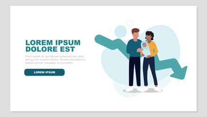 Vektor-Illustration eines Paares mit einem Baby, im Hintergrund eine sinkende Kurve eines Graphen - Familienkonzept