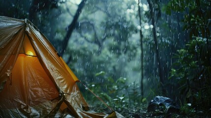 rain on the tent in the forest, tropic, quiet, calm, peaceful, meditation, camping, night, relax   - obrazy, fototapety, plakaty