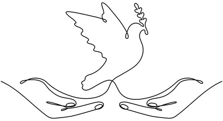 Flying dove with olive branch in human hands continuous line drawing. Freedom linear bird symbol. Vector illustration isolated on white.