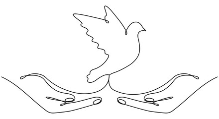 Flying dove in human hands continuous line drawing. Freedom linear symbol. Vector illustration isolated on white.	