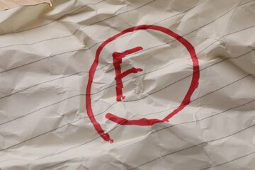 School grade. Red letter F on notebook paper, top view
