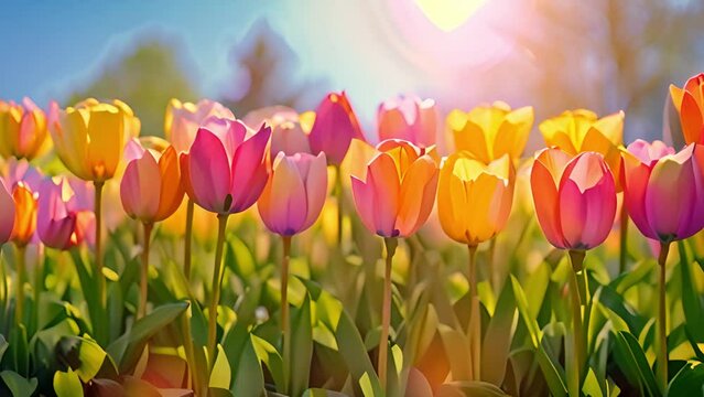 Colorful tulips in the blue sky.Spring tulips blossoming in a field. Tulip flowers blooming in the garden. Easter flowers with sunlight 4k video. Beautiful nature sunlight